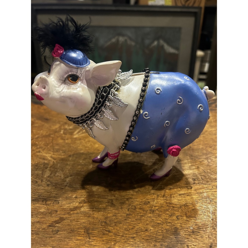 Glamorous Piggy Bank Blue Dress Feather Hat High Heels Figurine Decor